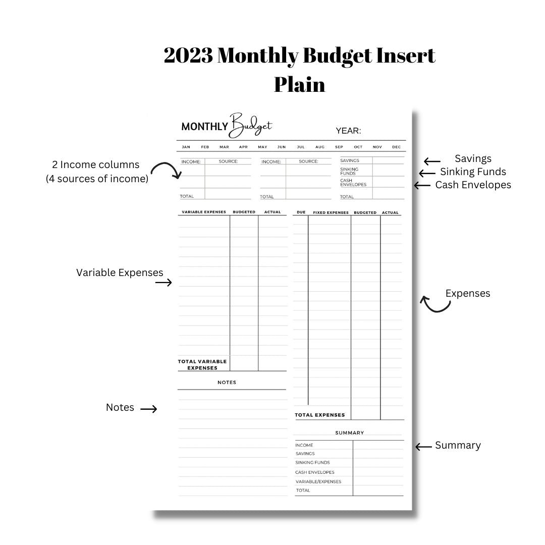 DIGITAL DOWNLOAD 2023 MONTHLY BUDGET PLAIN