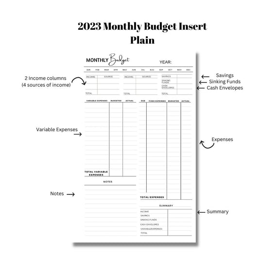 DIGITAL DOWNLOAD 2023 MONTHLY BUDGET PLAIN